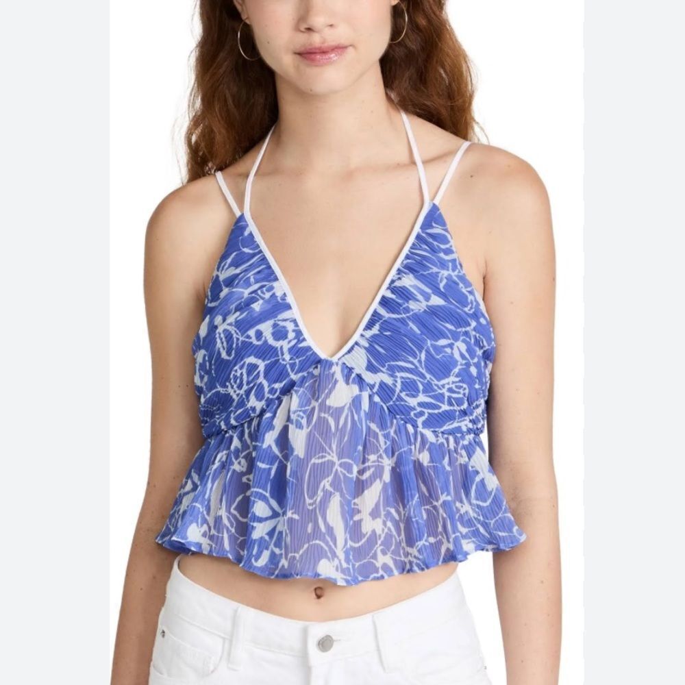 Jonathan Simkhai Rosa Blue Floral Halter Top tie back strappy summer NWT L
